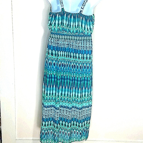Sundress maxi blue green ruffle lined top slits adj straps elastic waist 1X - Picture 2 of 11